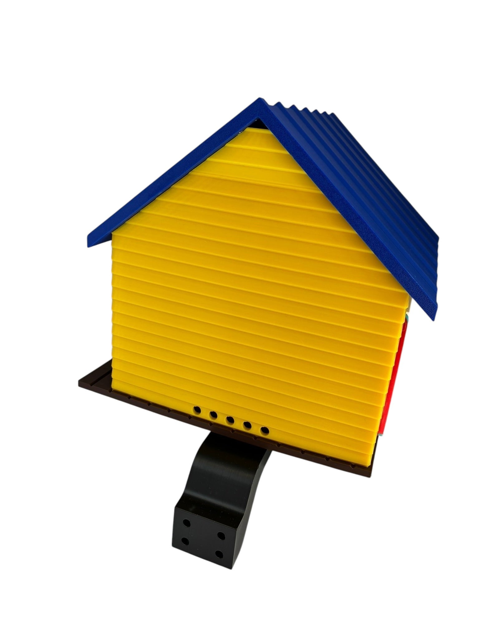TL3D Prints yellow 3D printed surf shop birdhouse with blue corrugated roof and dark brown base.