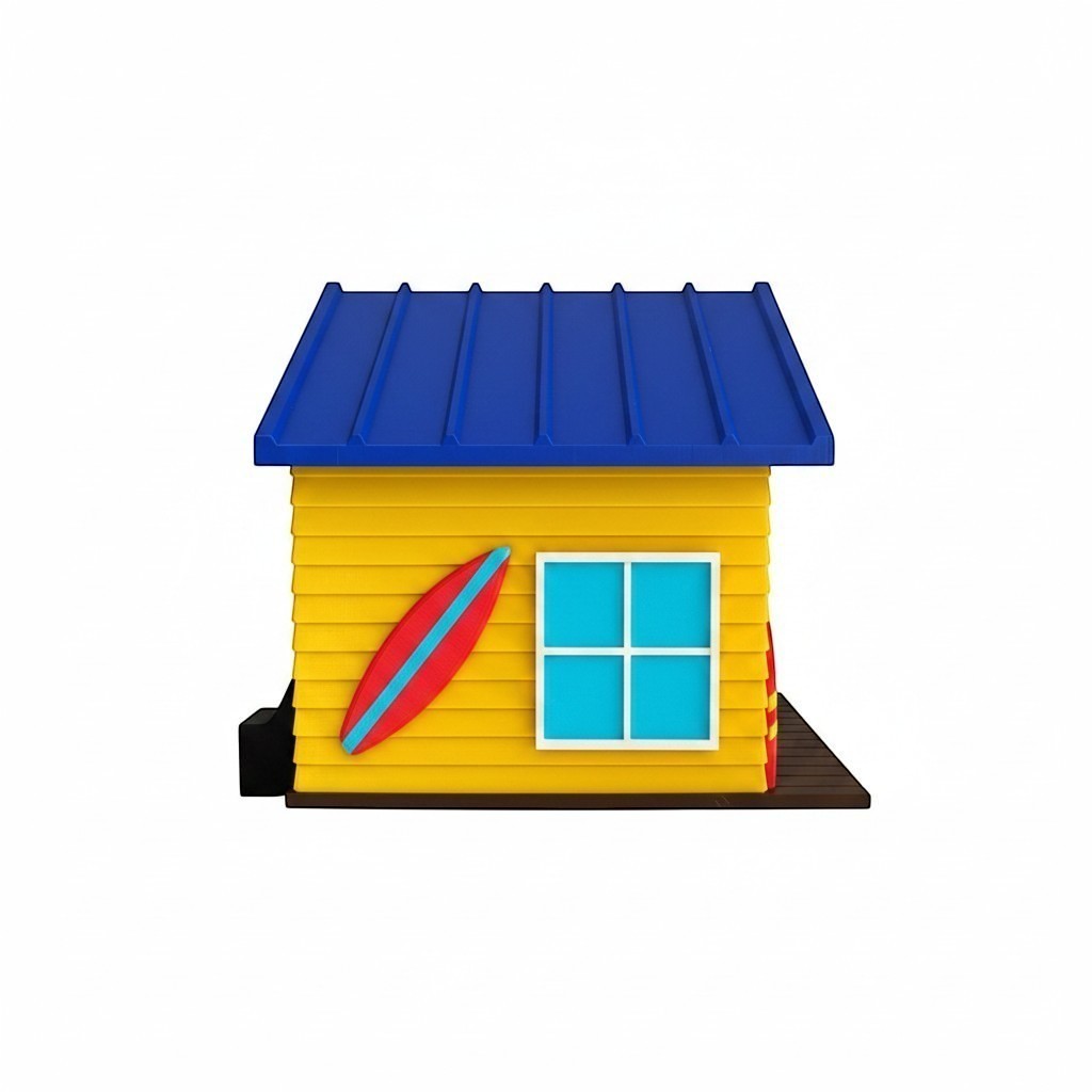 TL3D Prints yellow surf shop birdhouse with blue roof, surfboard detail, and window.