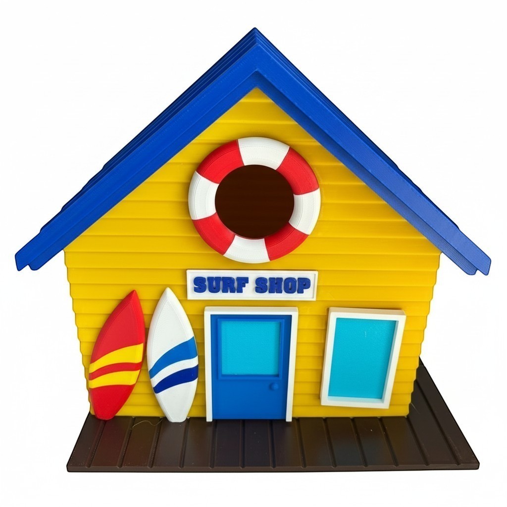 TL3D Prints yellow surf shop birdhouse with blue roof, surfboards, lifebuoy, and functional entrance.